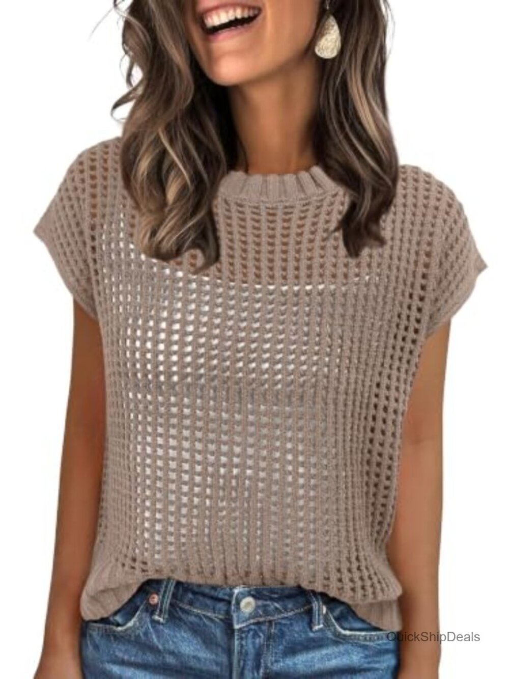 Crochet Knit Sweater Vest Short Sleeve Women Summer Cover Up Boho